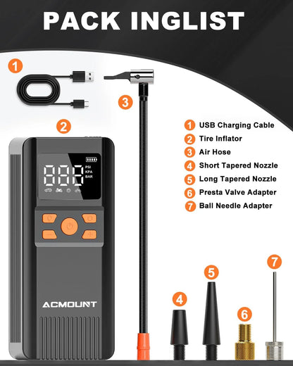 Cordless Tire Inflator Air Compressor, 150 Psi Bike Pump, Portable Electric Air Pump with Gauge for Car, Motorcycle, Bicycle, Balls