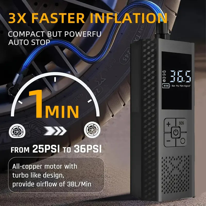 Portable Tire Inflator, Wireless Car Tire Inflator with Pressure Gauge and LED Light