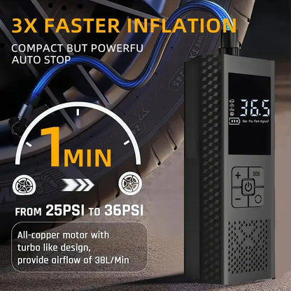 Portable Tire Inflator, Wireless Car Tire Inflator with Pressure Gauge and LED Light